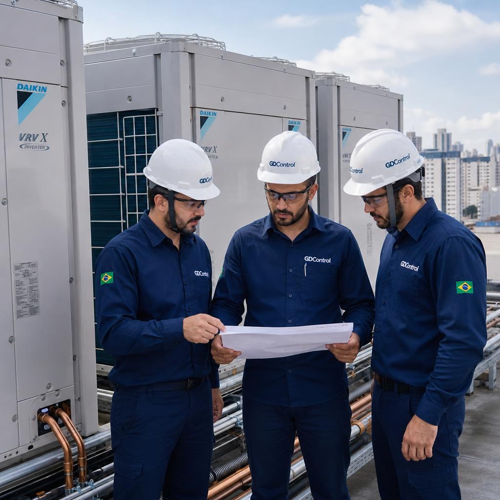 Equipe técnica GDControl uniformizada em instalação VRF/VRV